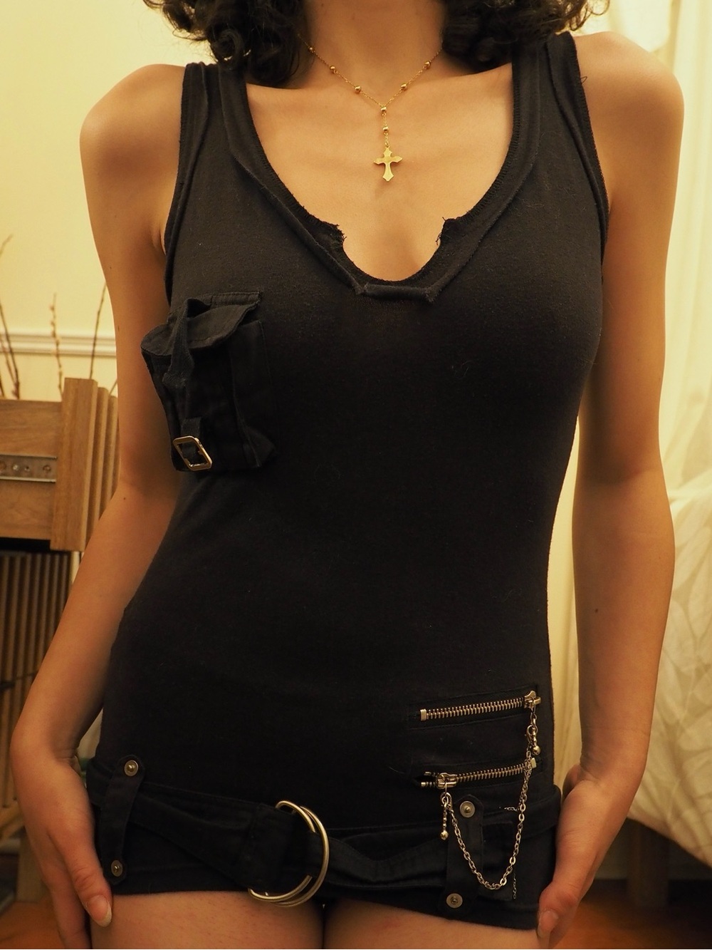 Black Belted Tank Top With Silver Chains - Japanese Unnamed